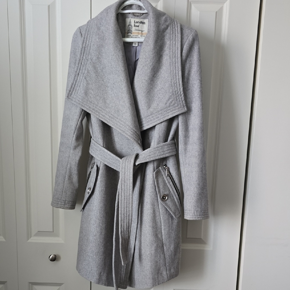 London Fog Grey, Wool Blend Belted Coat, S